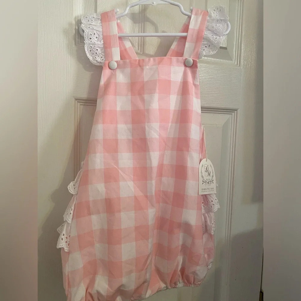 NWT Darling Mae Gingham Ruffle Butt Bubble Romper